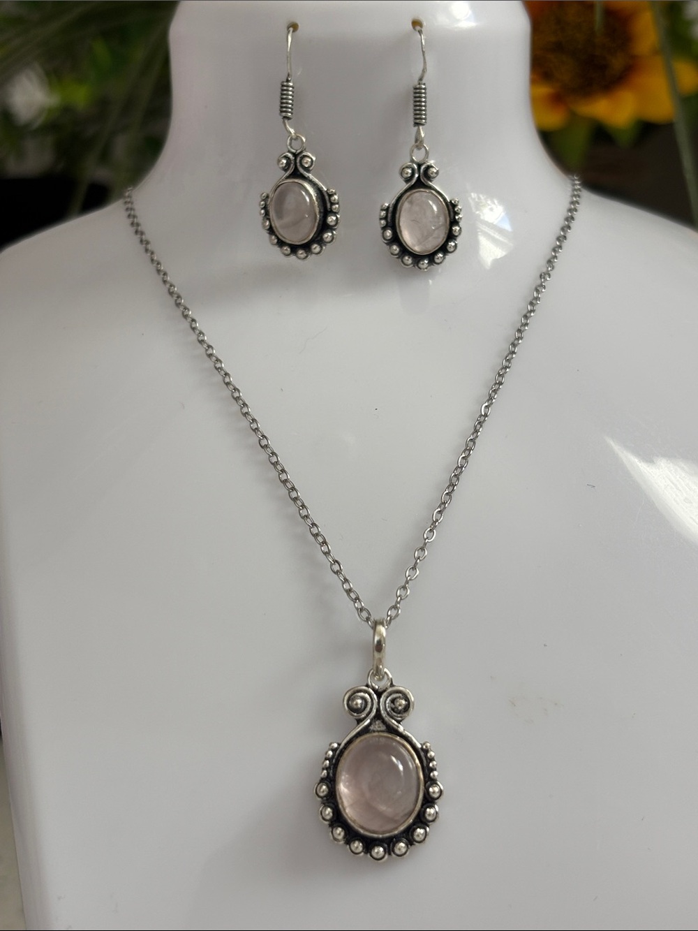 Rose Quartz Drop Earrings and Pendant Necklace Set